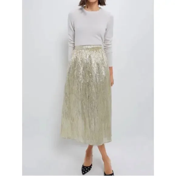 TUCKERNUCK Hyacinth House Gold Metallic Plisse Gloria Midi Skirt  NWT Size Large - Picture 4 of 10